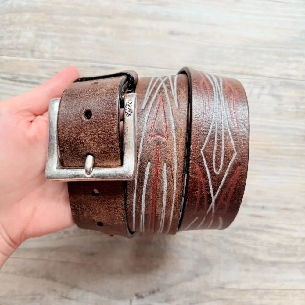 Vintage Harley-Davidson Brown Leather Pinstripe Belt Sz 36 Biker Motorcycle Y2K